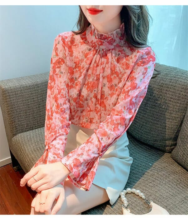 Charming Lady Stand Collar Flowers Flare Sleeve Blouse 4