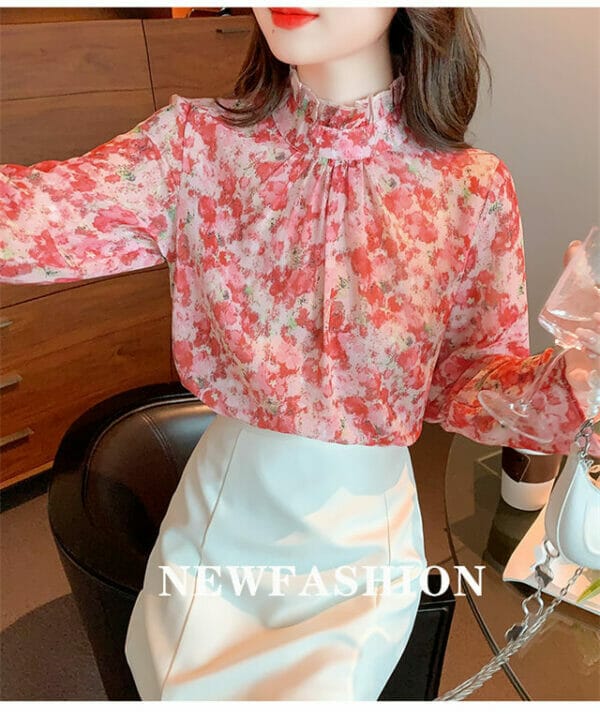 Charming Lady Stand Collar Flowers Flare Sleeve Blouse 3