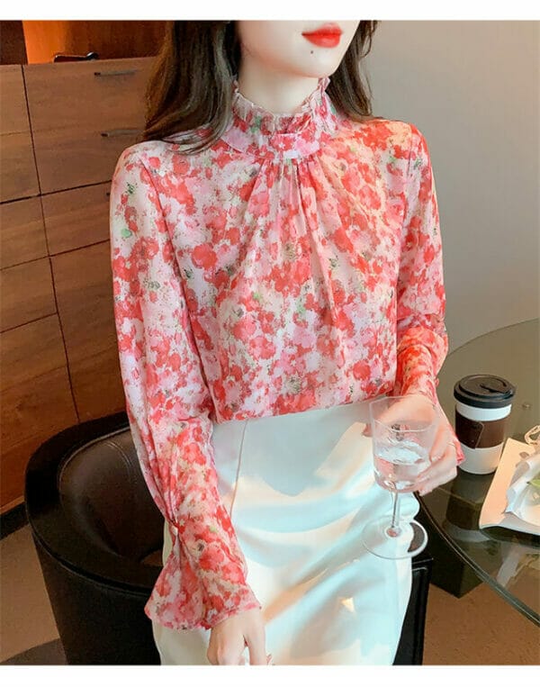 Charming Lady Stand Collar Flowers Flare Sleeve Blouse 2