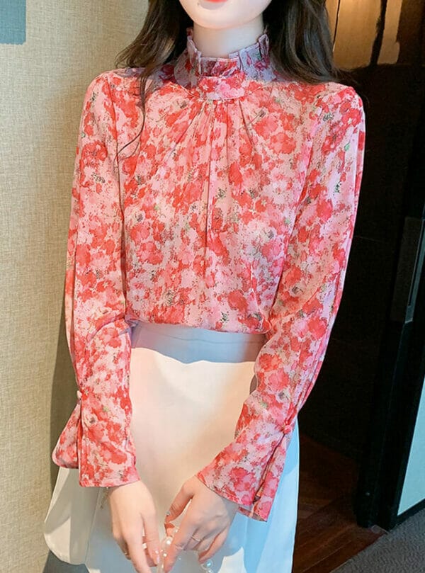 Charming Lady Stand Collar Flowers Flare Sleeve Blouse 1