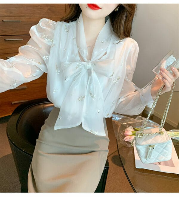 Charming OL 2 Colors Tie Collar Embroidery Puff Sleeve Blouse 6