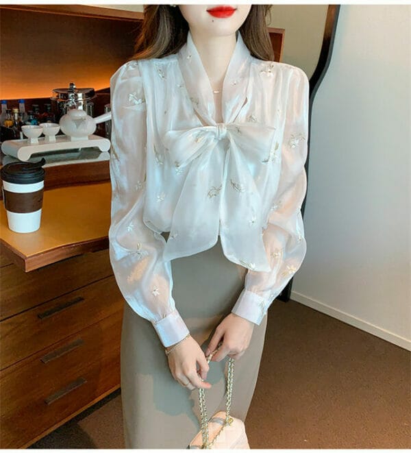 Charming OL 2 Colors Tie Collar Embroidery Puff Sleeve Blouse 5