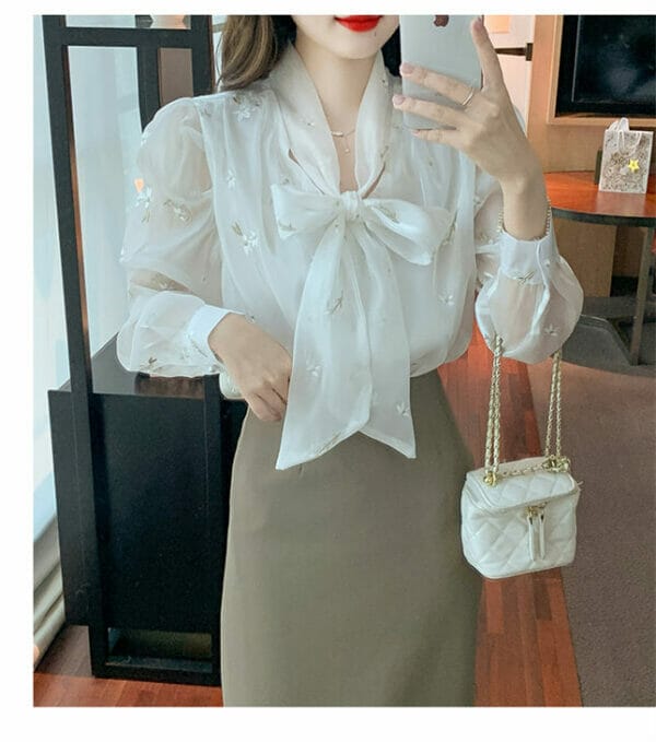 Charming OL 2 Colors Tie Collar Embroidery Puff Sleeve Blouse 4