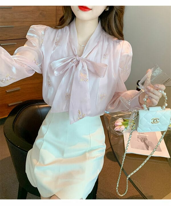 Charming OL 2 Colors Tie Collar Embroidery Puff Sleeve Blouse 2