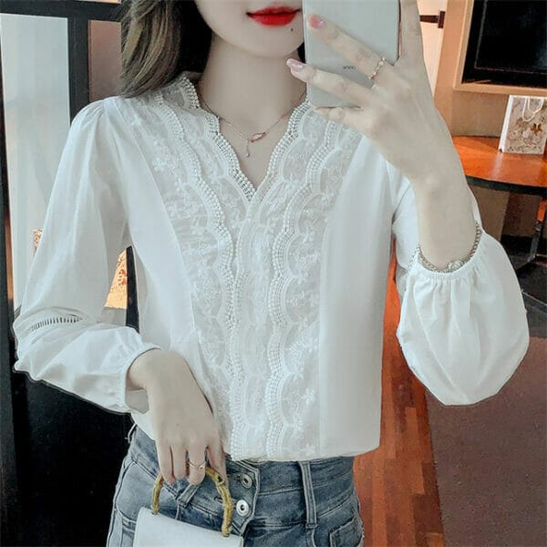 Charming OL Lace Flowers V-neck Splicing Puff Sleeve Blouse 3