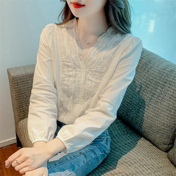 Charming OL Lace Flowers V-neck Splicing Puff Sleeve Blouse 2