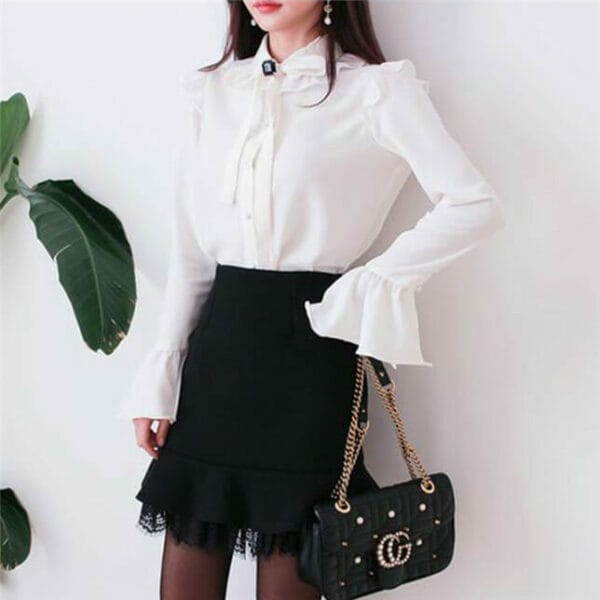 Charming OL Tie Bowknot Blouse with Lace Fishtail Skirt 3