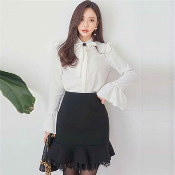Charming OL Tie Bowknot Blouse with Lace Fishtail Skirt 2