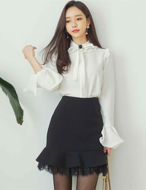 Charming OL Tie Bowknot Blouse with Lace Fishtail Skirt 1