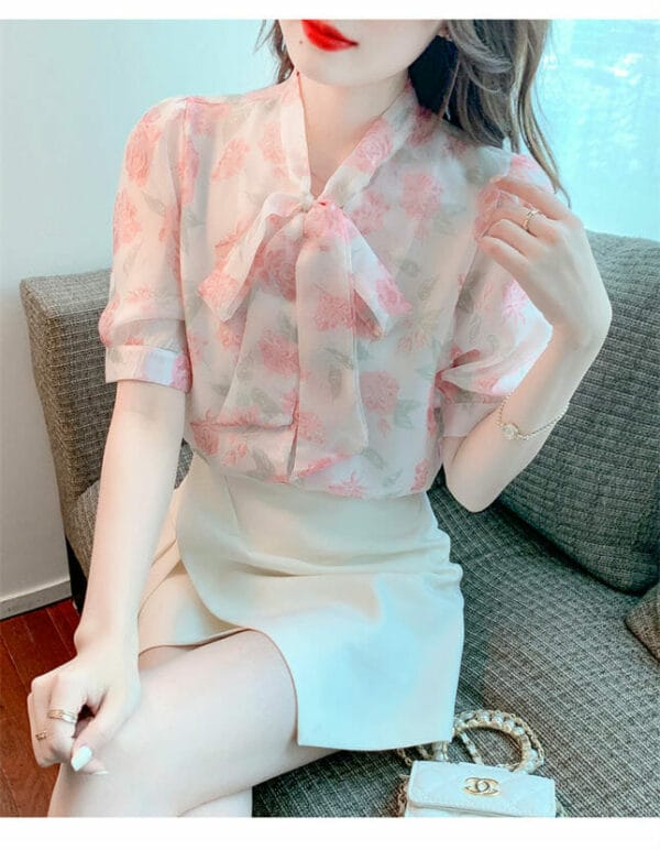 Charming OL Tie Bowknot Collar Flowers Chiffon Blouse 4