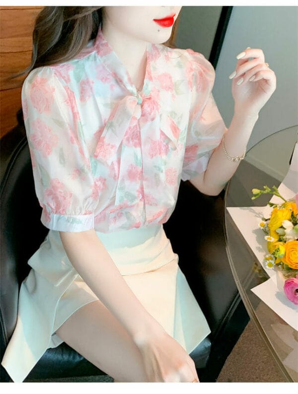 Charming OL Tie Bowknot Collar Flowers Chiffon Blouse 3