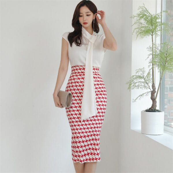 Charming OL Tie Collar Blouse with Houndstooth Skinny Skirt 3