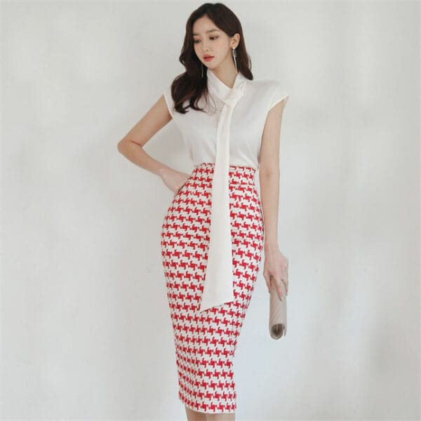 Charming OL Tie Collar Blouse with Houndstooth Skinny Skirt 2