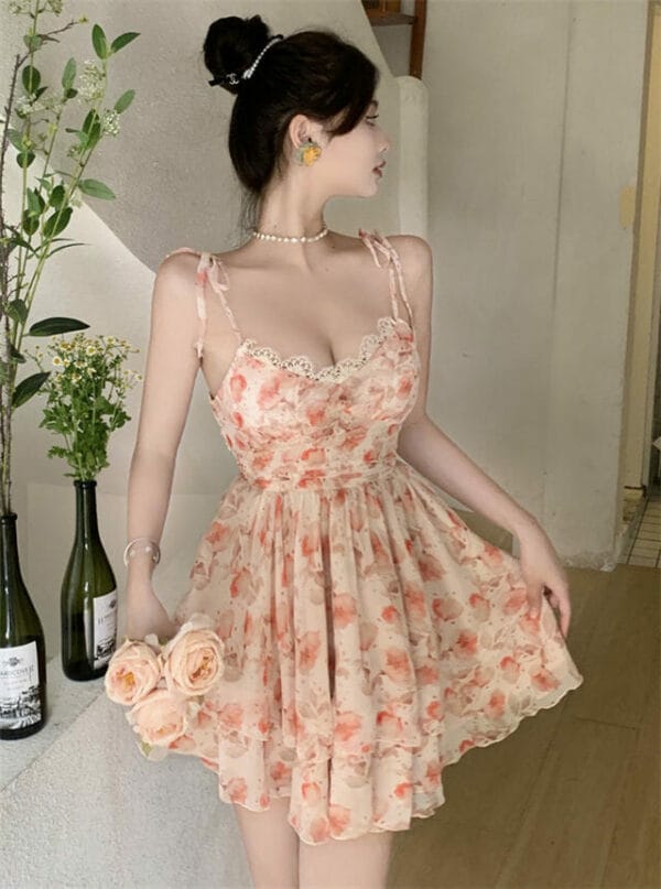 Charming Pleated Waist Low Bust Flowers Straps Fluffy Dress 4