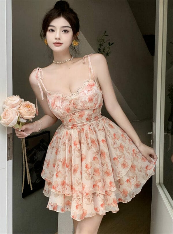 Charming Pleated Waist Low Bust Flowers Straps Fluffy Dress 2