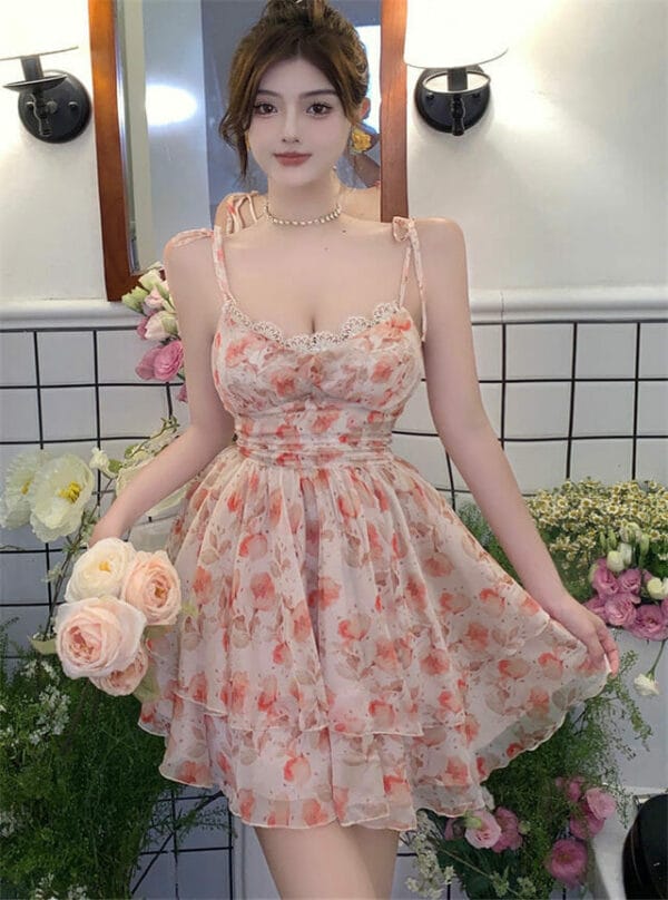 Charming Pleated Waist Low Bust Flowers Straps Fluffy Dress 1