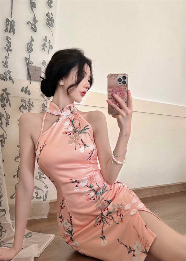 Charming Retro Off Shoulder Flowers Cheongsam Slim Dress 3