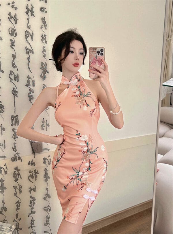 Charming Retro Off Shoulder Flowers Cheongsam Slim Dress 2