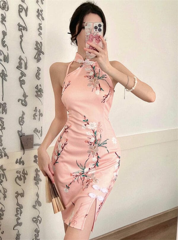 Charming Retro Off Shoulder Flowers Cheongsam Slim Dress 1