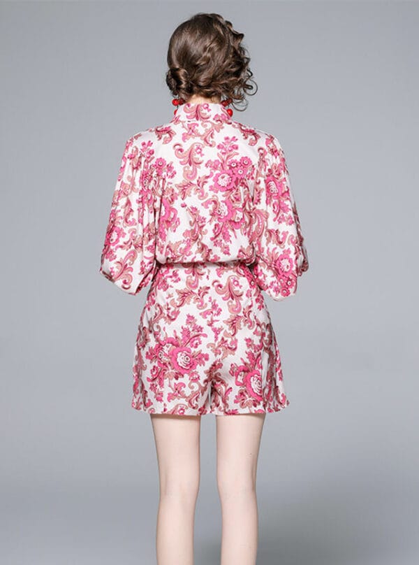 Charming Retro Stand Collar Puff Sleeve Flowers Short Suits 5