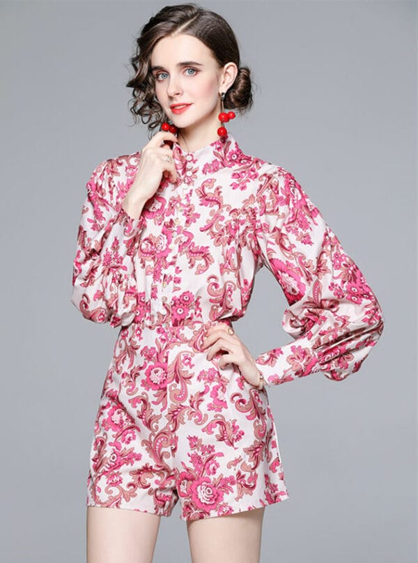 Charming Retro Stand Collar Puff Sleeve Flowers Short Suits 1