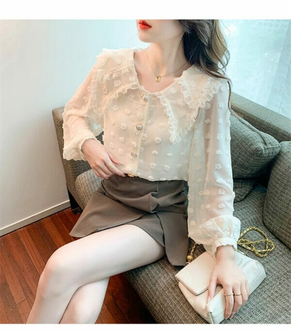 Charming Spring Doll Collar Lace Flowers Loosen Chiffon Blouse 4
