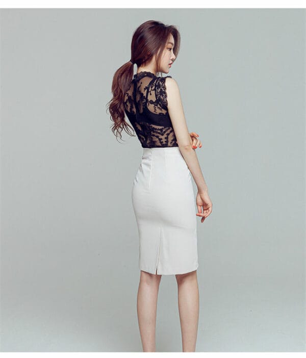 Charming Transparent Lace Blouse with Slim Midi Skirt 4