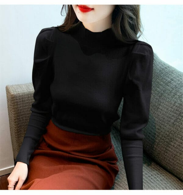 Cheap 2 Colors Stand Collar Puff Sleeve Knit T-shirt 5