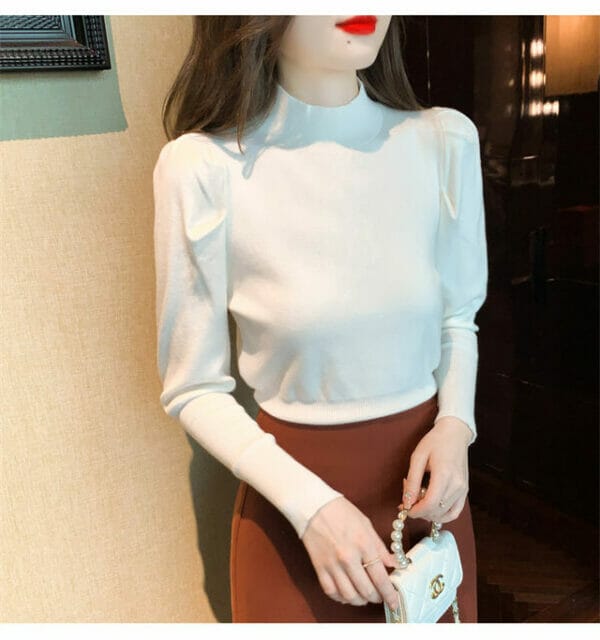 Cheap 2 Colors Stand Collar Puff Sleeve Knit T-shirt 3