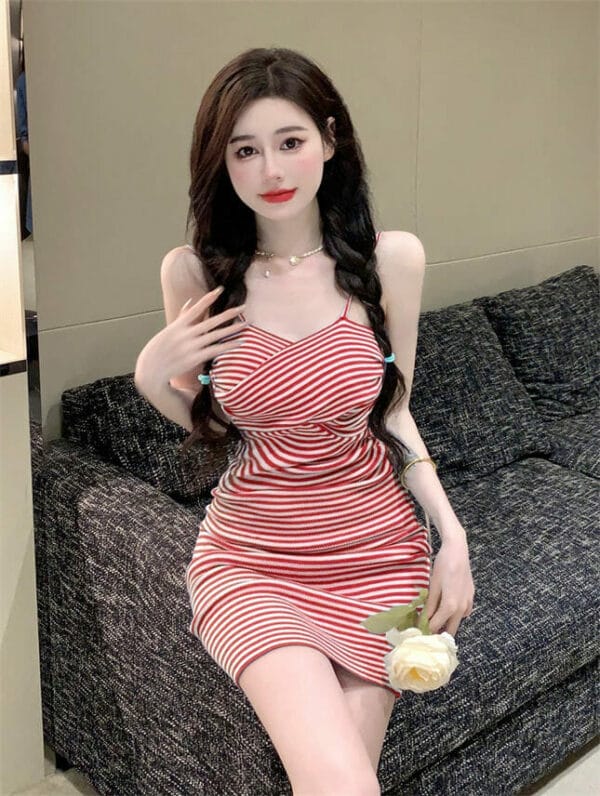 Cheap 3 Colors V-neck Stripes Knitting Dress 5