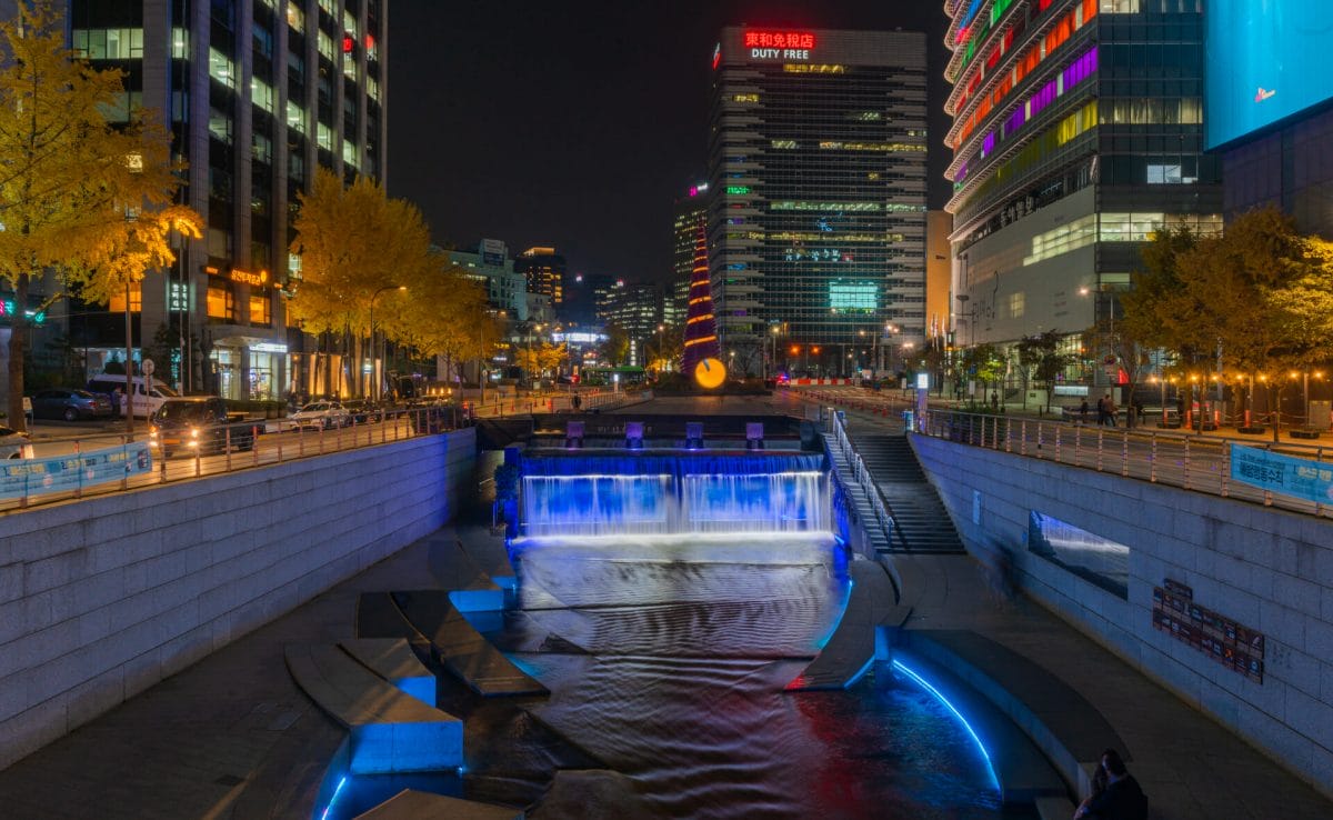 Cheonggyecheon Stream in Seoul during evening