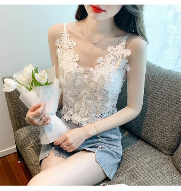 Chic Fashion Beads Flowers Embroidery Lace Camisole 4