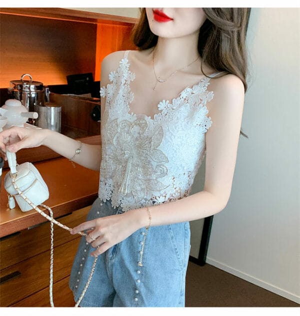 Chic Fashion Beads Flowers Embroidery Lace Camisole 3