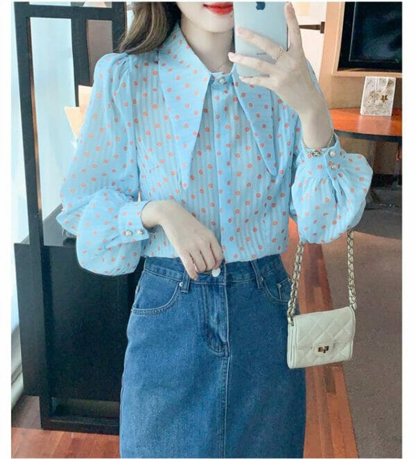 Chic Fashion Shirt Collar Dots Puff Sleeve Blouse 5