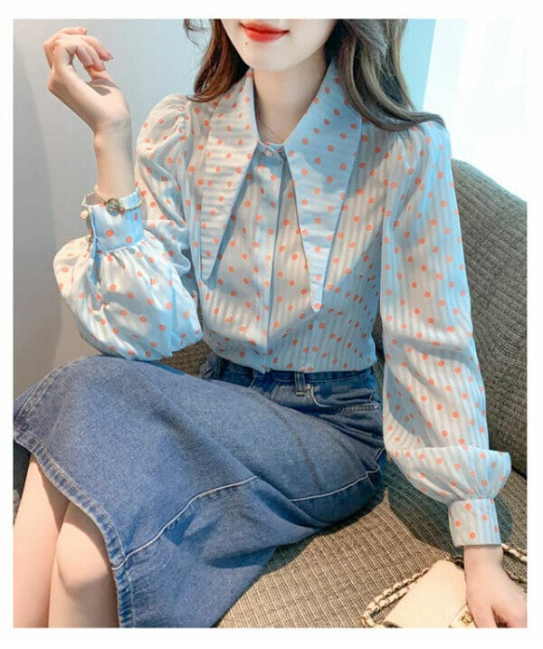 Chic Fashion Shirt Collar Dots Puff Sleeve Blouse 4