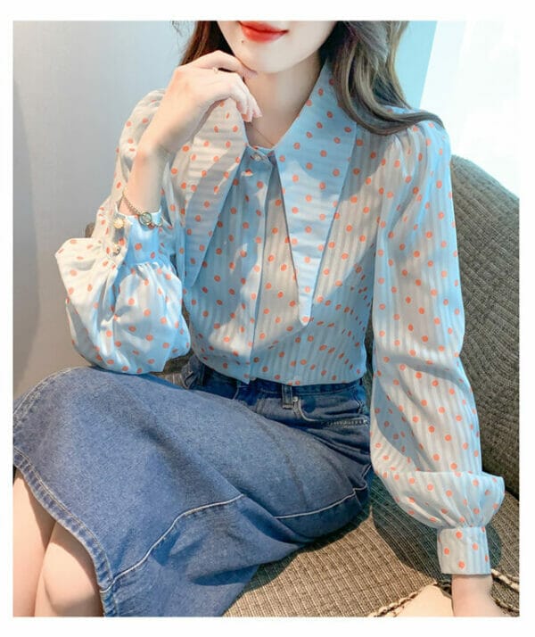 Chic Fashion Shirt Collar Dots Puff Sleeve Blouse 2