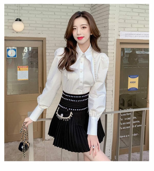 Chic Lady Beads Shirt Collar Blouse with Pleated Short Skirt 5