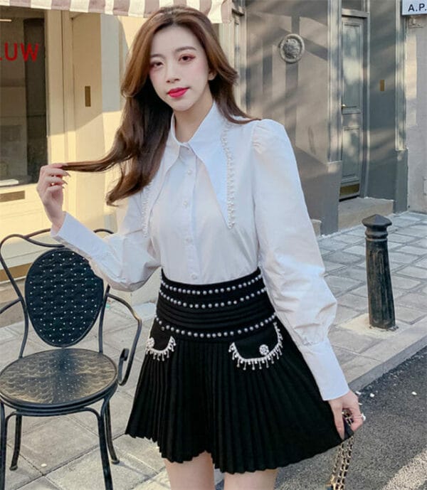 Chic Lady Beads Shirt Collar Blouse with Pleated Short Skirt 4