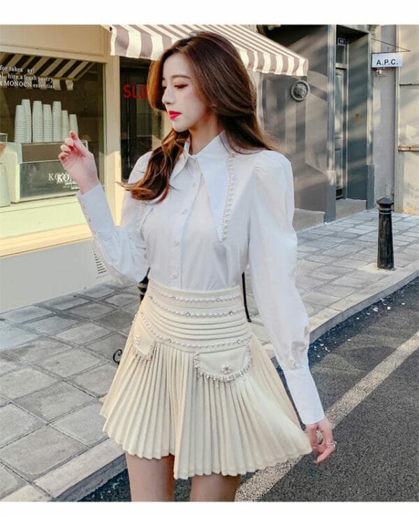 Chic Lady Beads Shirt Collar Blouse with Pleated Short Skirt 3