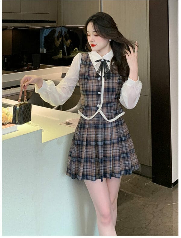 Classic Fashion Buttons Plaids Pleated Two Pieces Dress 4