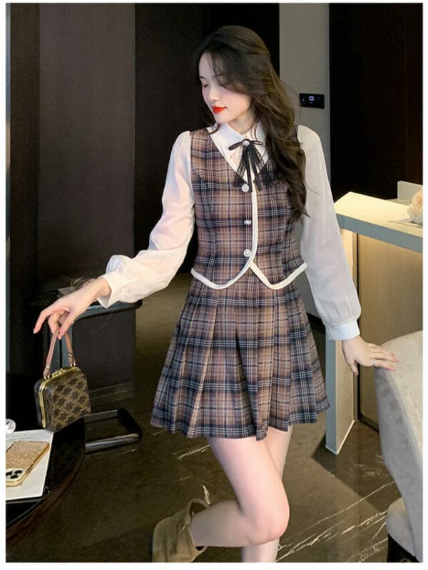 Classic Fashion Buttons Plaids Pleated Two Pieces Dress 2