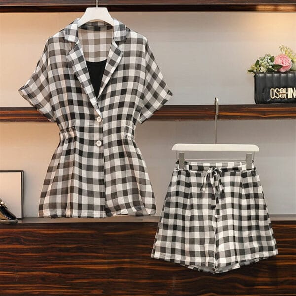 Classic Fashion Cotton T-shirt with Plaids Short Suits 3