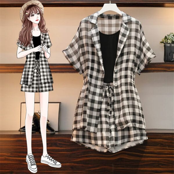 Classic Fashion Cotton T-shirt with Plaids Short Suits 2