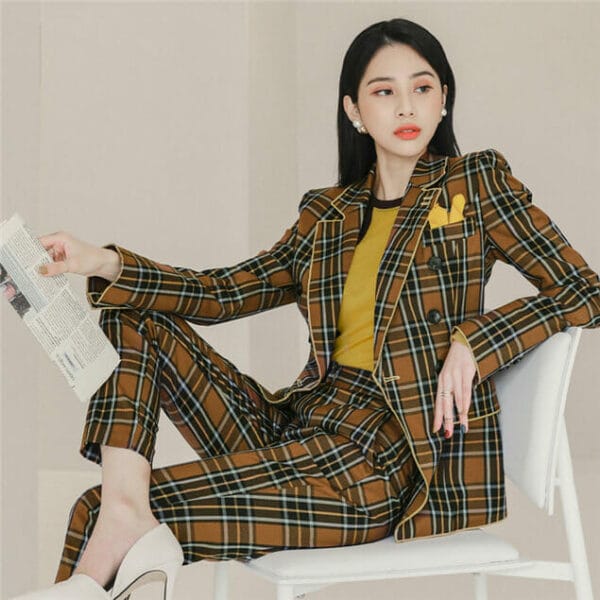 Classic Fashion Double-breasted Plaids Long Suits 4