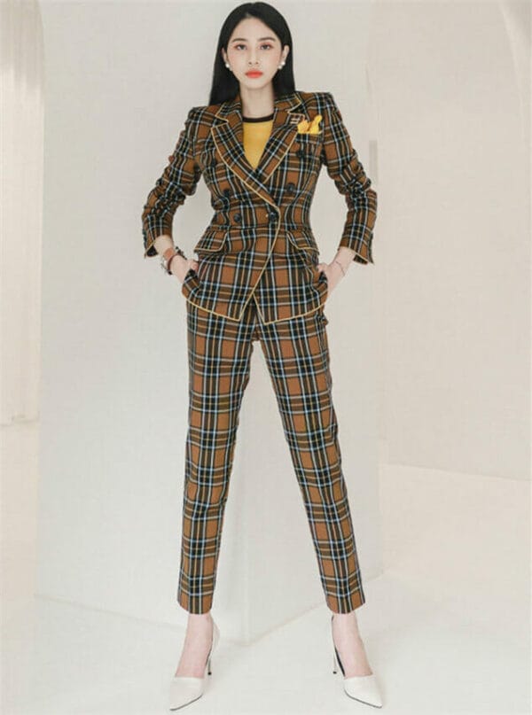 Classic Fashion Double-breasted Plaids Long Suits 1