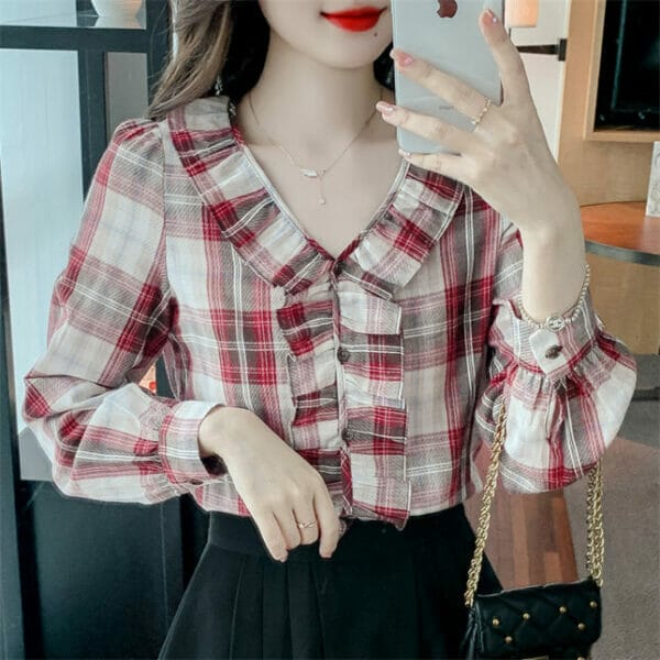 Classic Fashion Flouncing V-neck Plaids Casual Chiffon Blouse 5