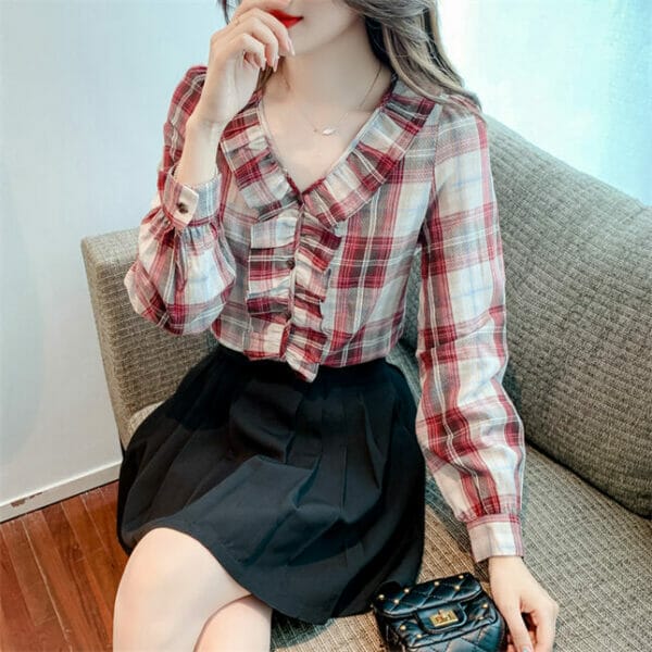 Classic Fashion Flouncing V-neck Plaids Casual Chiffon Blouse 4