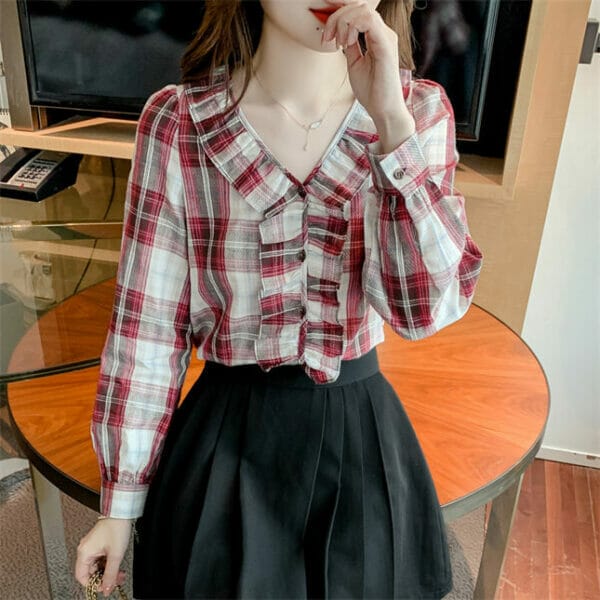 Classic Fashion Flouncing V-neck Plaids Casual Chiffon Blouse 3