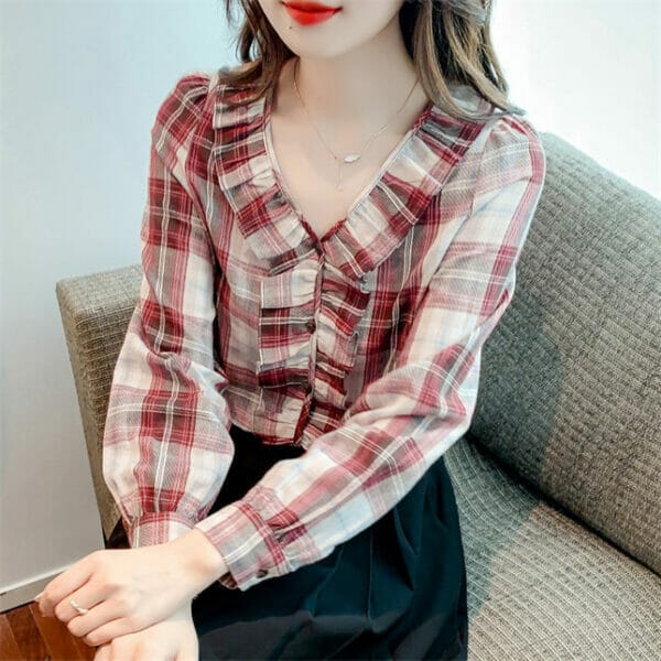 Classic Fashion Flouncing V-neck Plaids Casual Chiffon Blouse 2