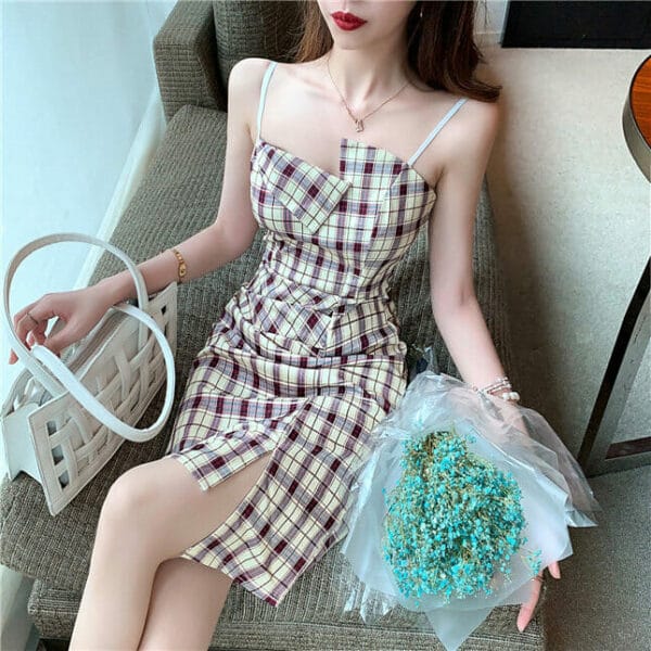 Classic Fashion Pleated Waist Plaids Straps Slim Dress 3